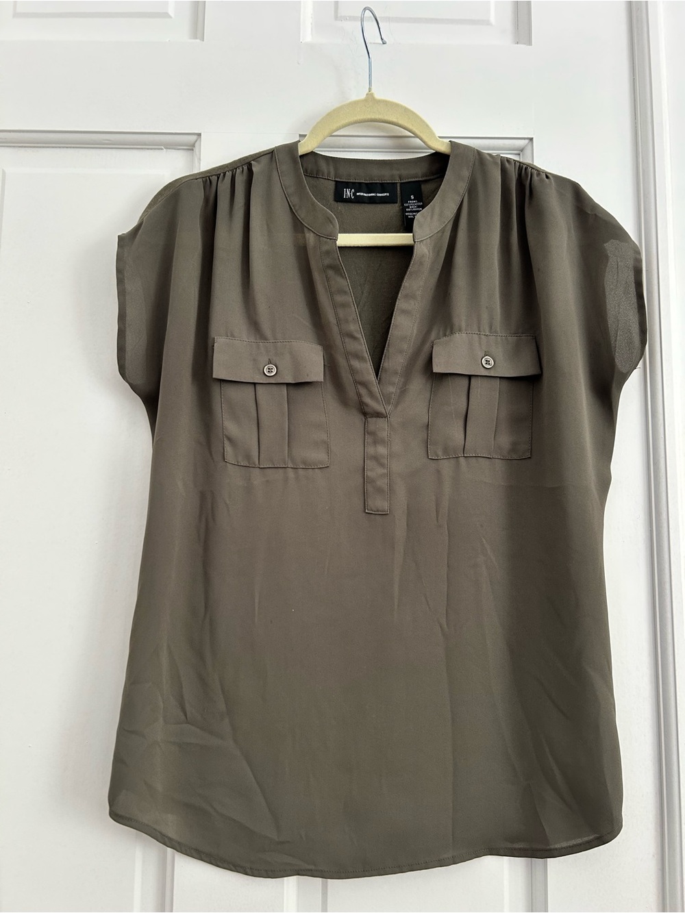 INC International Concepts Olive Utility Split-Neck Blouse